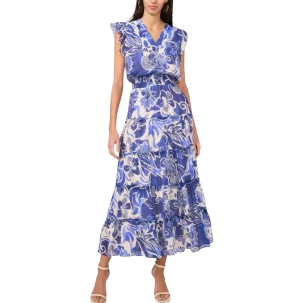 Cynthia Steffe Floral Blue and White Midi Tiered Boho Feminine Dress Plus‎ Sz 2X